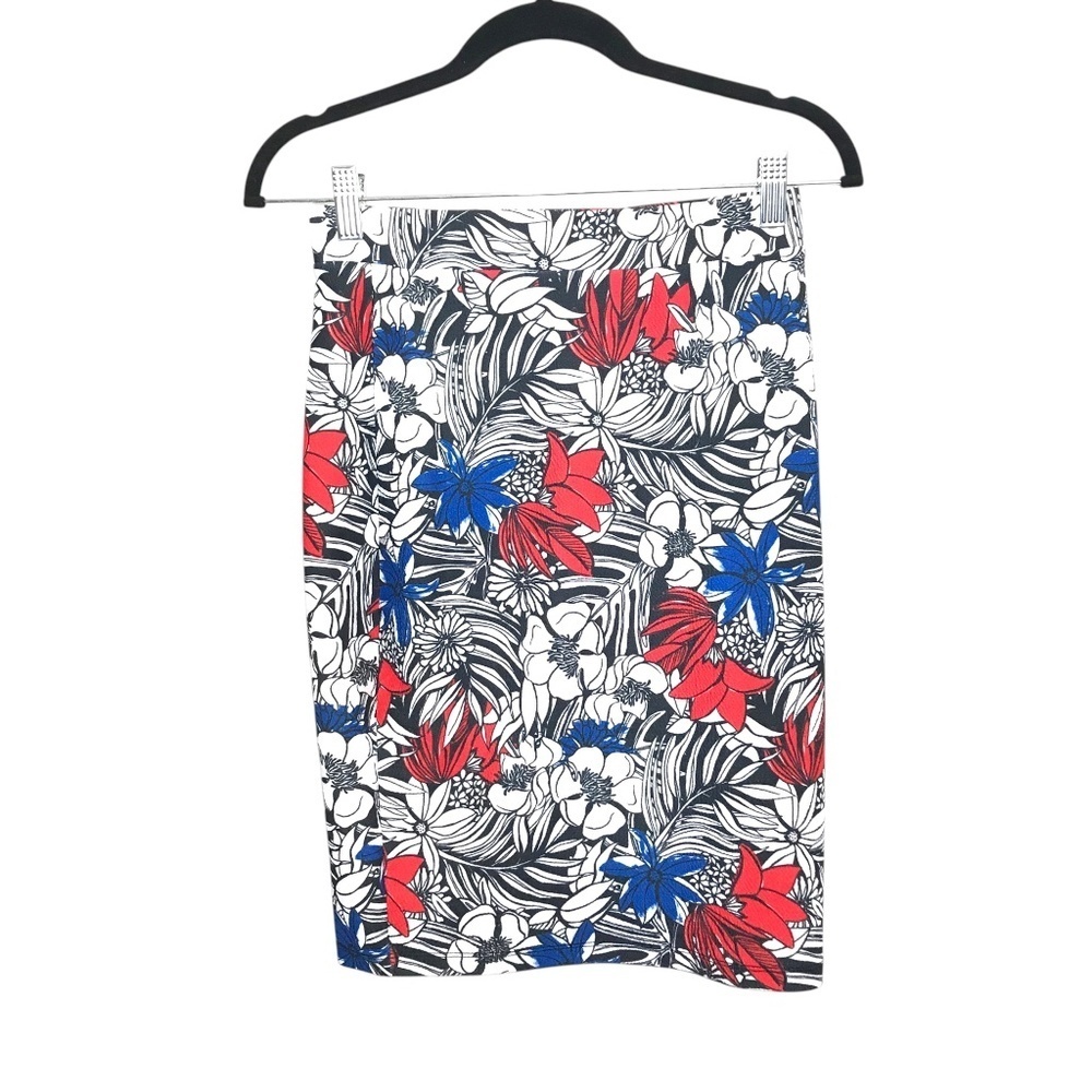 Women’s Tropical Floral Pencil Skirt • Red Blue Black White Print